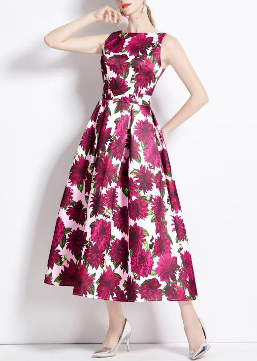 Red Print High Waist Cotton Long Dresses Sleeveless