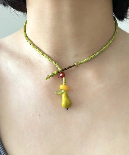 Grass Green Beads Leaf Pear Pendant Necklace