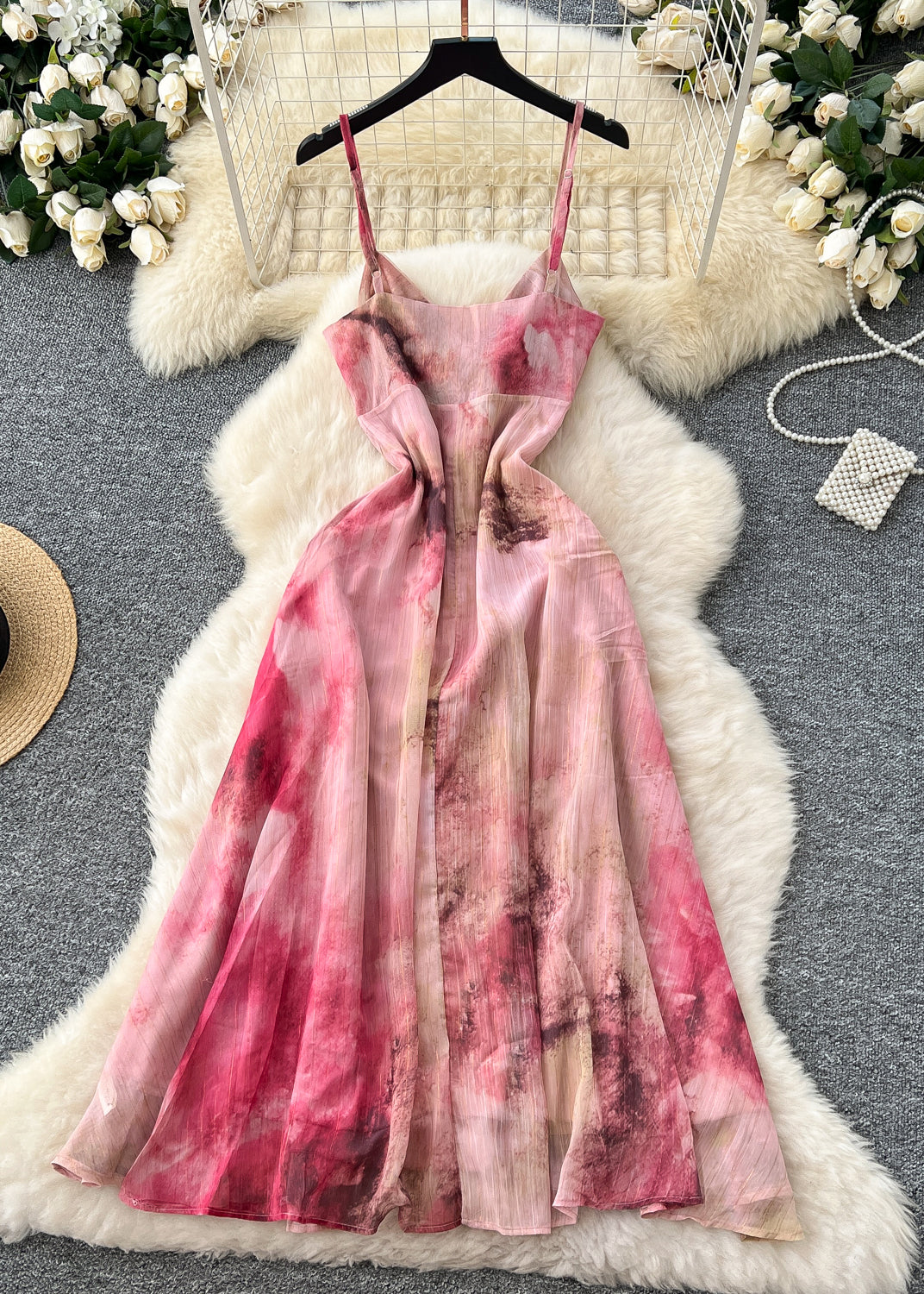 Red Tie Dye Chiffon Beach Dress Summer