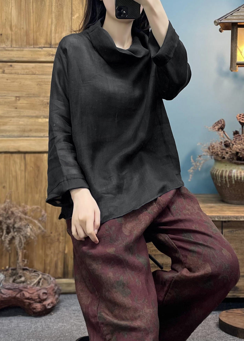 Simple Black Turtleneck Cotton Top Spring