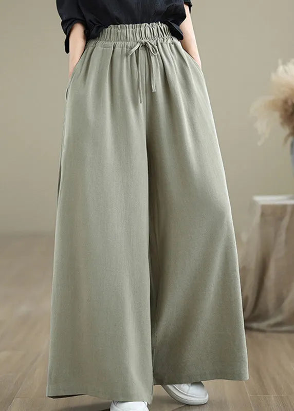 Light Green Pockets Elastic Waist Cotton Pants Fall