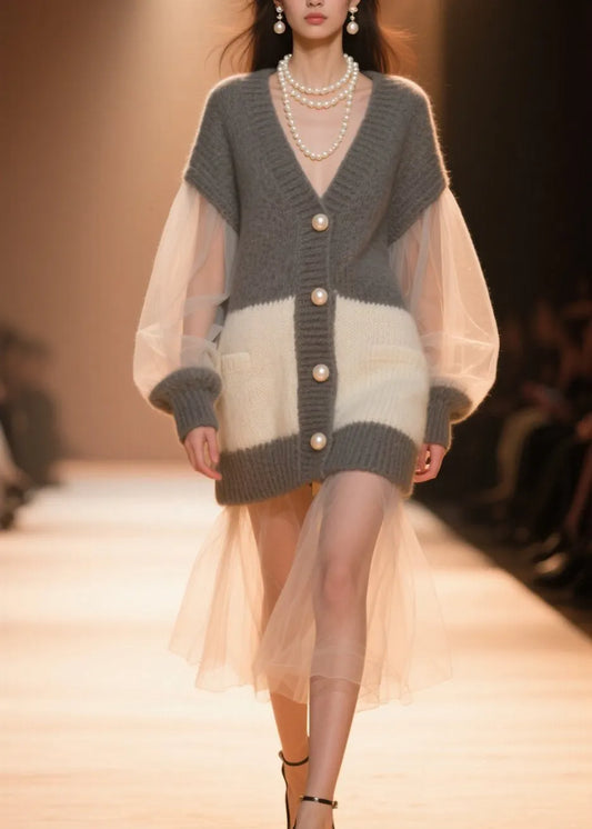Colorblock V Neck Tulle Patchwork Knit Cardigans Fall