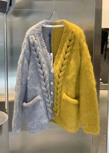 Yellow V Neck Patchwork Button Cozy Cotton Knit Cardigans Winter