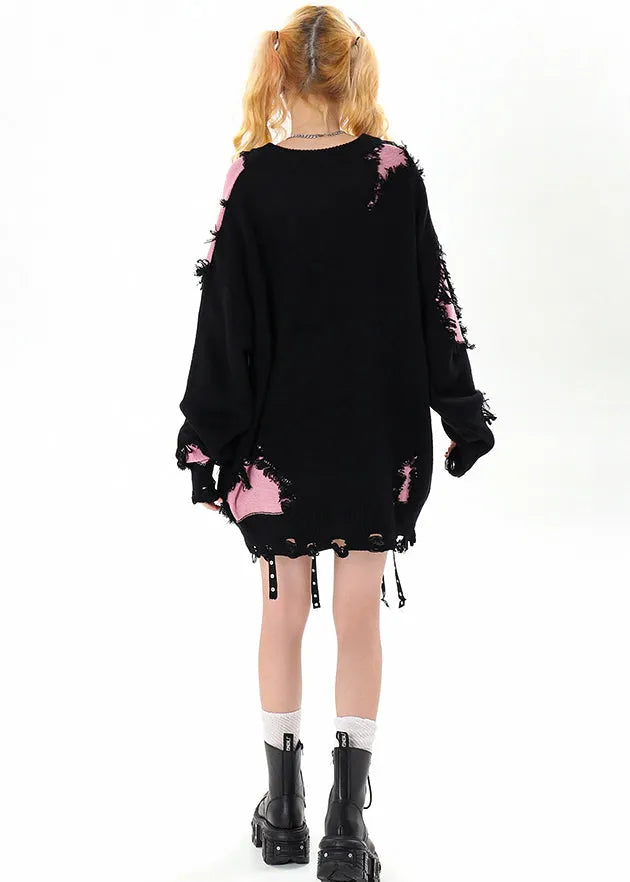 Black Tasseled Patchwork Hole Cozy Sweater Winter