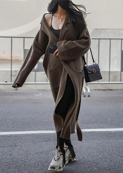 Loose Chocolate Pockets Tie Waist Cotton Knit Long Coat Fall