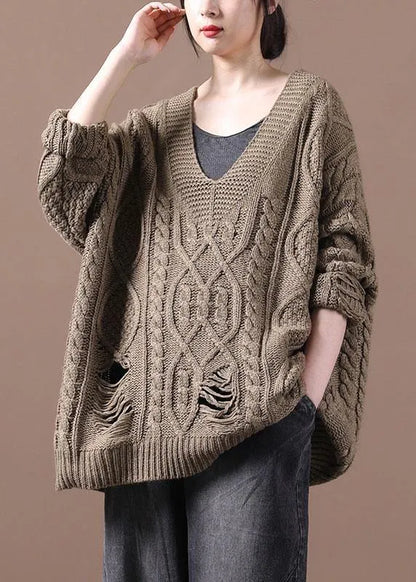 Khaki Hole V Neck Fall Cozy Sweater