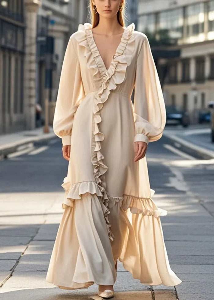 Unique Nude Asymmetrical Design Ruffled Chiffon Dress Fall
