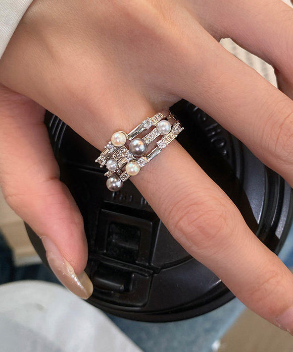 Stylish Pearl Zircon Double Tier Opening Adjustable Copper Rings