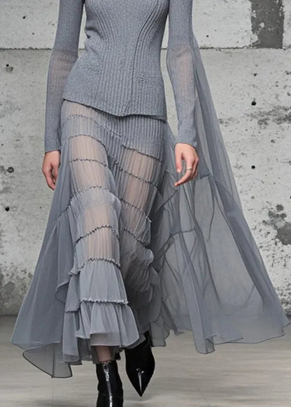 Grey High Neck Patchwork Exra Large Hem Knit Long Dress Fall