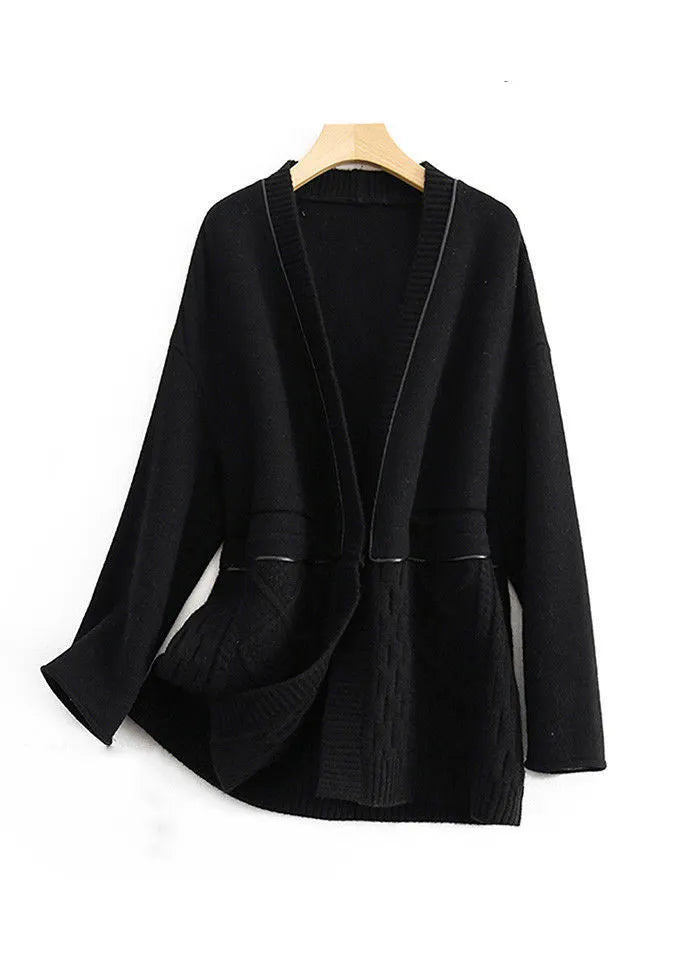 Black V Neck Button Knit Patchwork Woolen Coats Long Sleeve