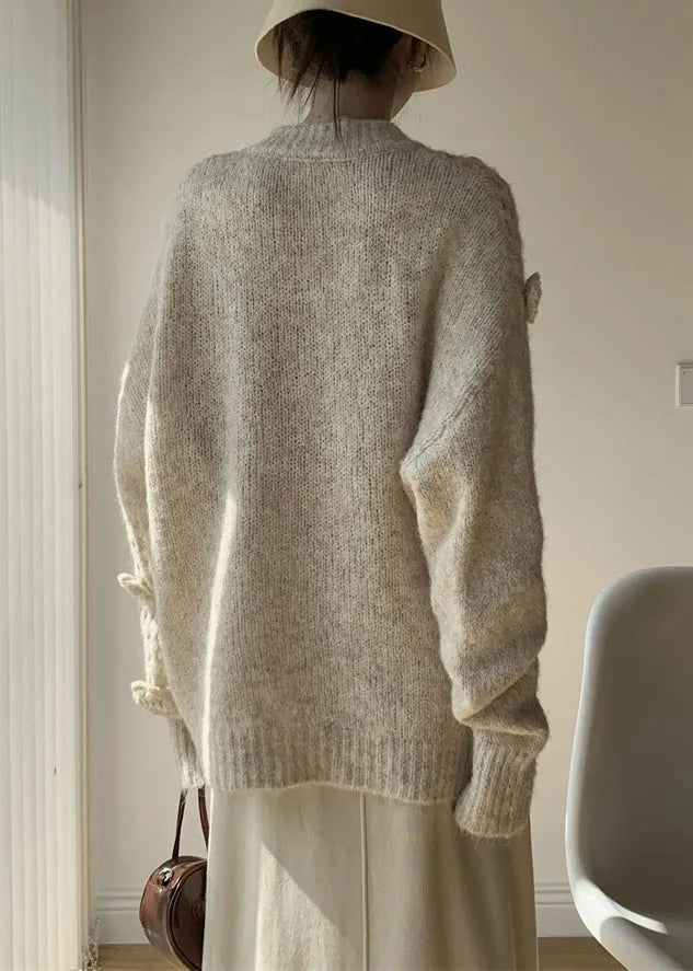 Apricot V Neck Hollow Out Cotton Knit Sweater Winter