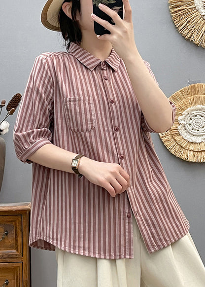 Italian Pink Oversized Striped Cotton Blouse Top Half Sleeve