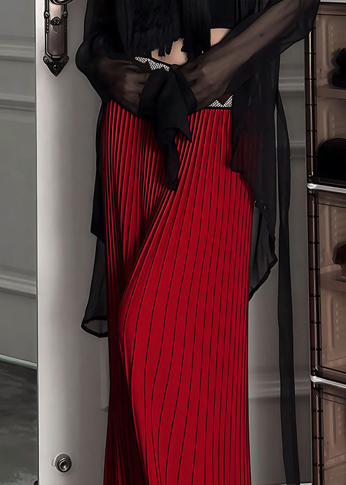 Red Elastic Waist Draping Silk Pleated Skirt Spring