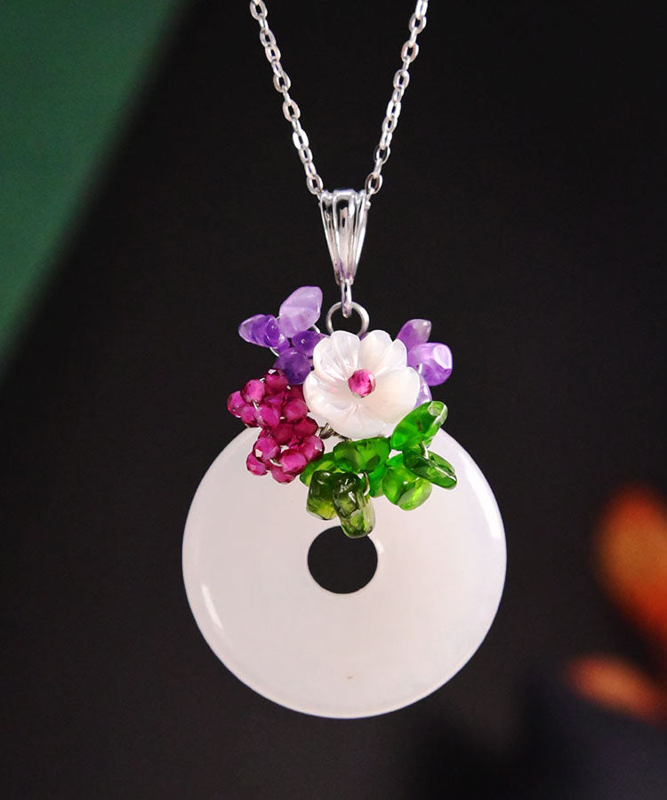 White Sterling Silver Jade Ping Buckle Pendant Necklace