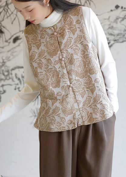 Champagne Chinese Button Jacquard Fine Cotton Filled Vest Sleeveless