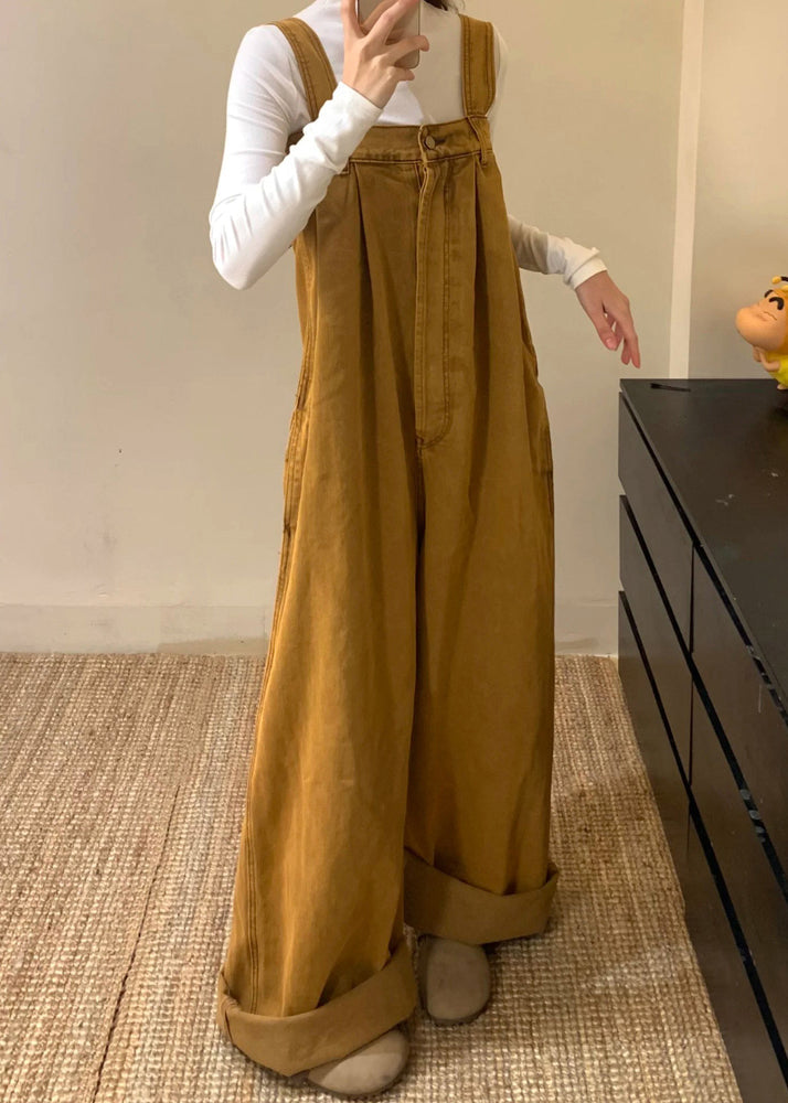 New Brown Button Denim Jumpsuits Sleeveless