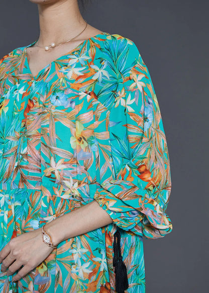 Loose Green Cinched Print Chiffon Holiday Dress Spring