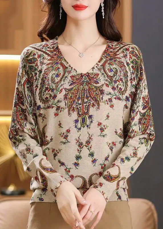 Beige V Neck Zircon Print Woolen Sweater Tops Spring