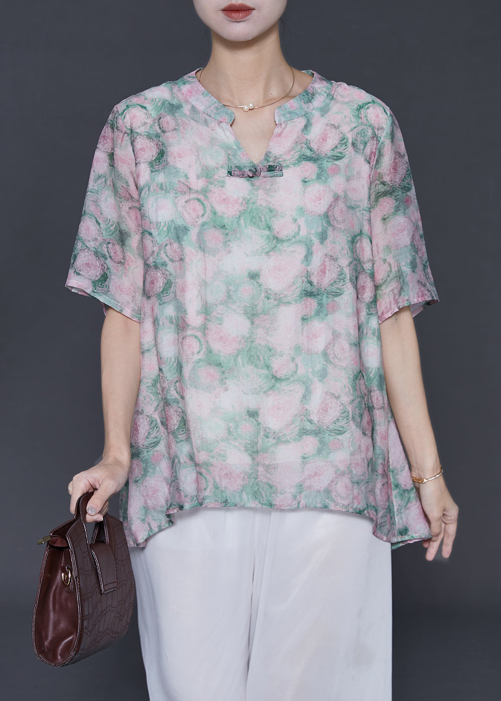 Green Oversized Print Cotton Blouses Summer