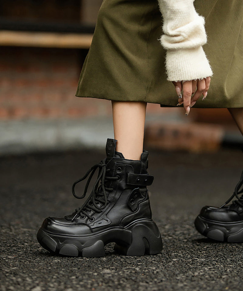 Brown Boots Platform Cowhide Leather Splicing Fuzzy Wool Lined