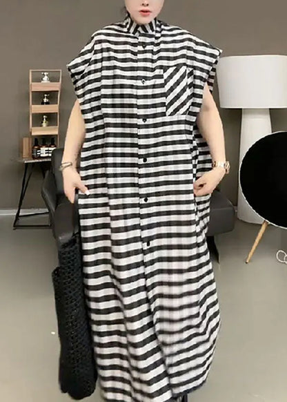 Black Striped Stand Collar Button Maxi Dress Short Sleeve