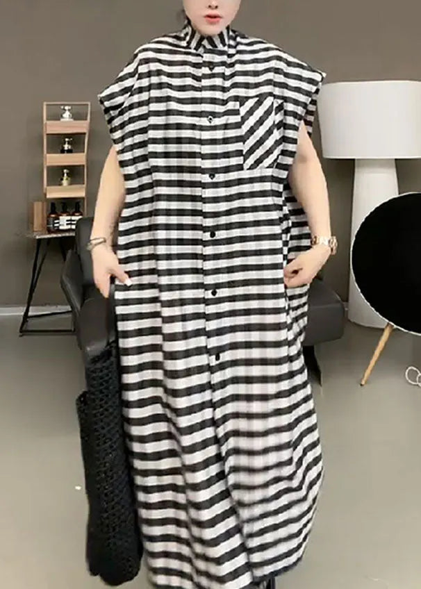 Black Striped Stand Collar Button Maxi Dress Short Sleeve
