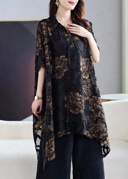 Black Asymmetrical Print Chiffon Cardigans Summer