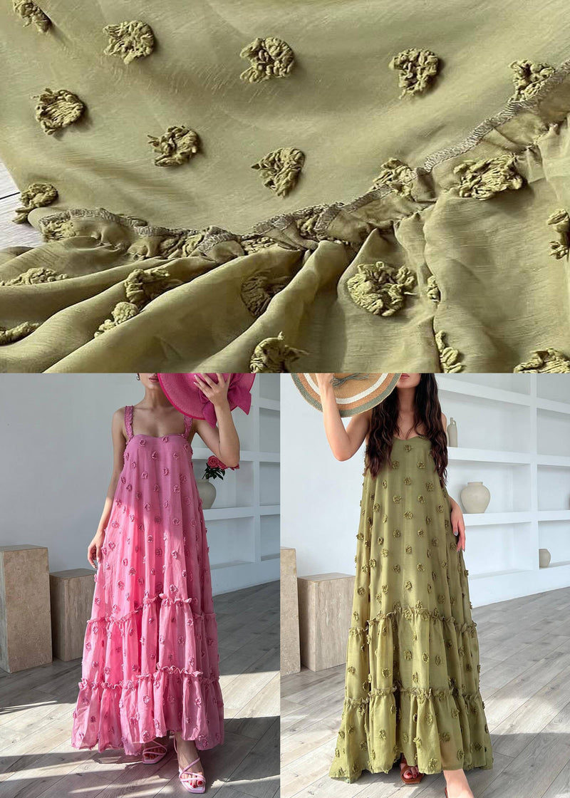 Army Green Cotton Spaghetti Strap Dress Ruffled Summer