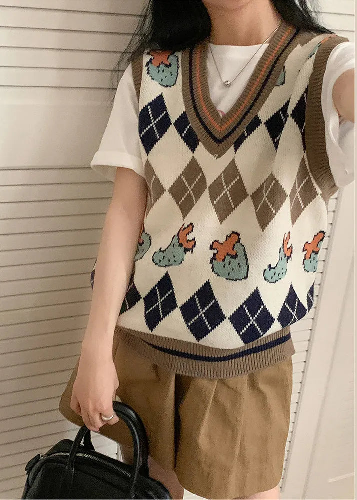 Italian Apricot V Neck Jacquard Knit Vest Tops Sleeveless