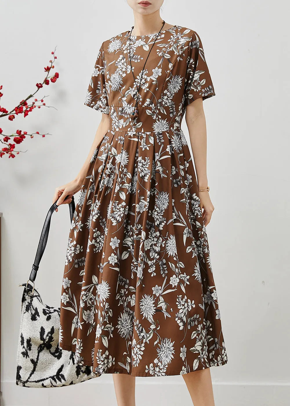 Brown Print Silm Fit Cotton Long Dresses Summer