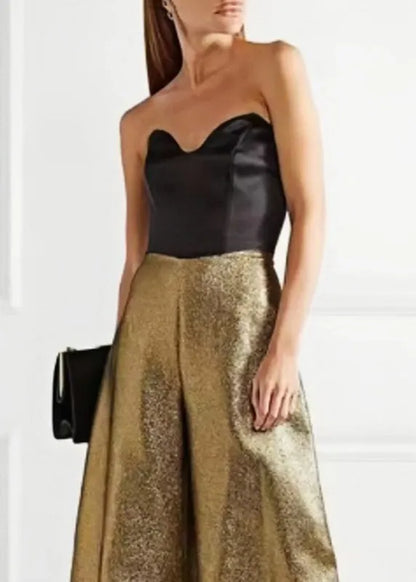 Gold Cold Shoulder Patchwork Wide Leg Jumpsuit Summer