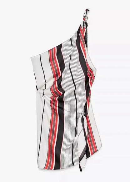 Asymmetrical Striped Tie Waist Shirt Sleeveless
