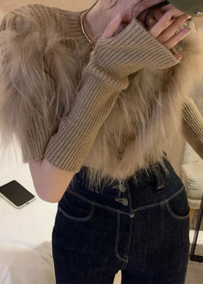 Art Khaki Leather and Fur Patchwork Knit Sweaters Winter