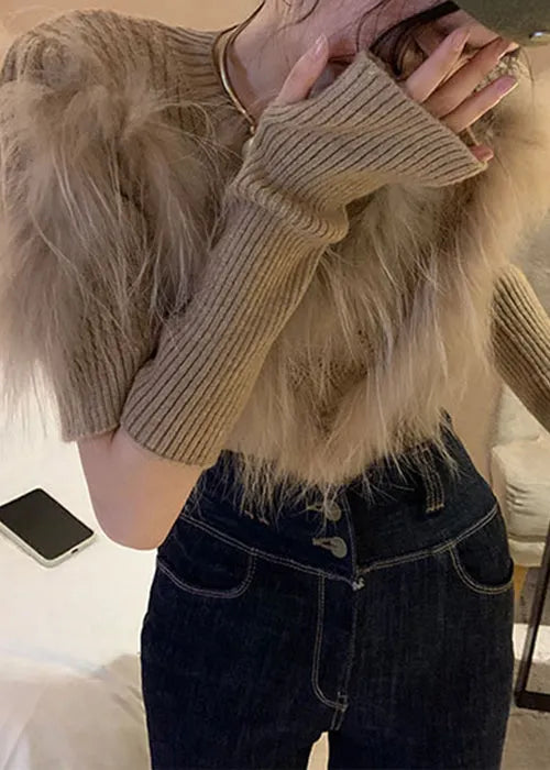 Art Khaki Leather and Fur Patchwork Knit Sweaters Winter