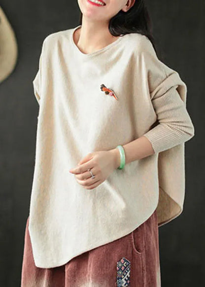 Italian Beige O-neck Asymmetrical Knit Tops Spring