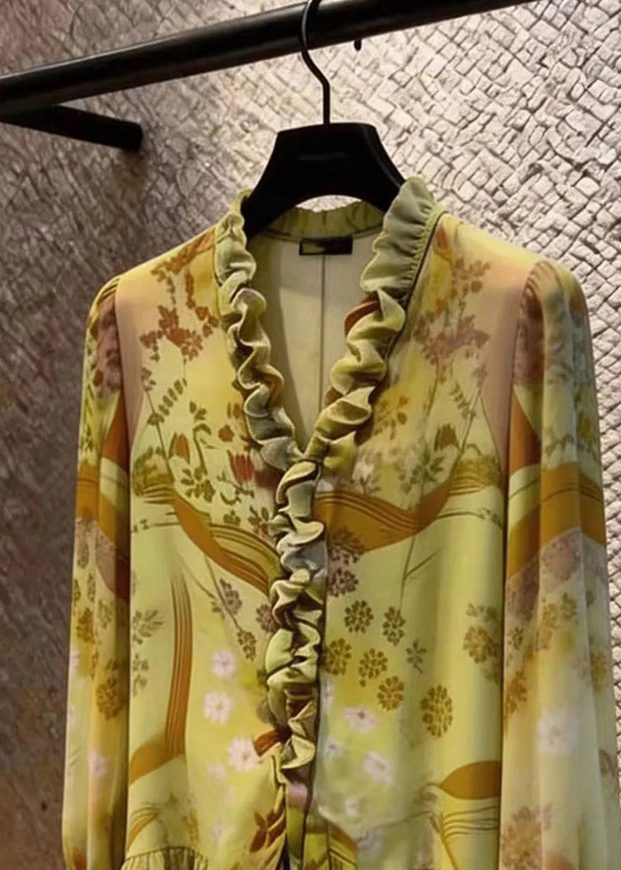 Stylish Green Asymmetrical Ruffled Patchwork Shirts Flare Sleeve