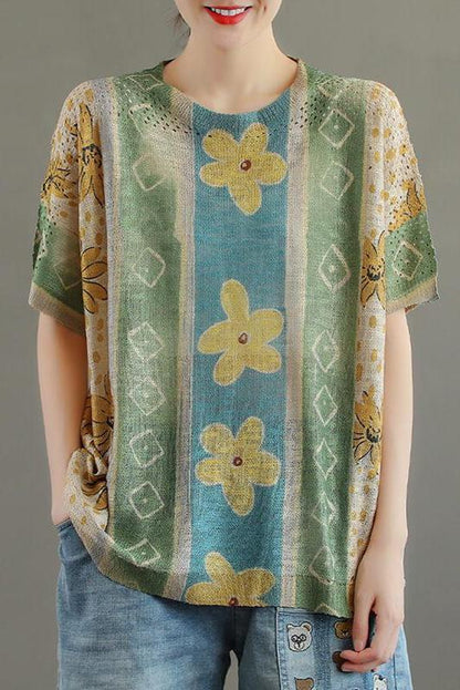 Cotton Knitted Hollow Out Stitching Irregular T-shirt