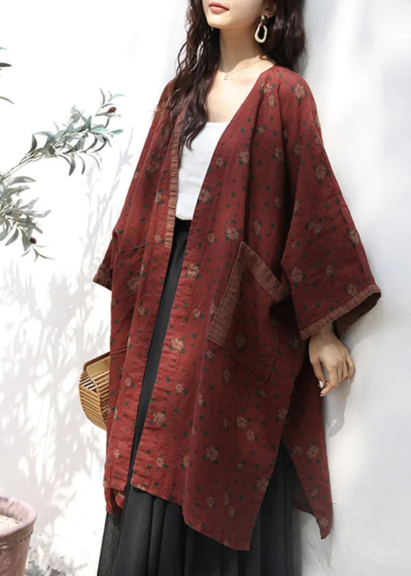 Red Pockets Print Patchwork Linen Cardigans Fall