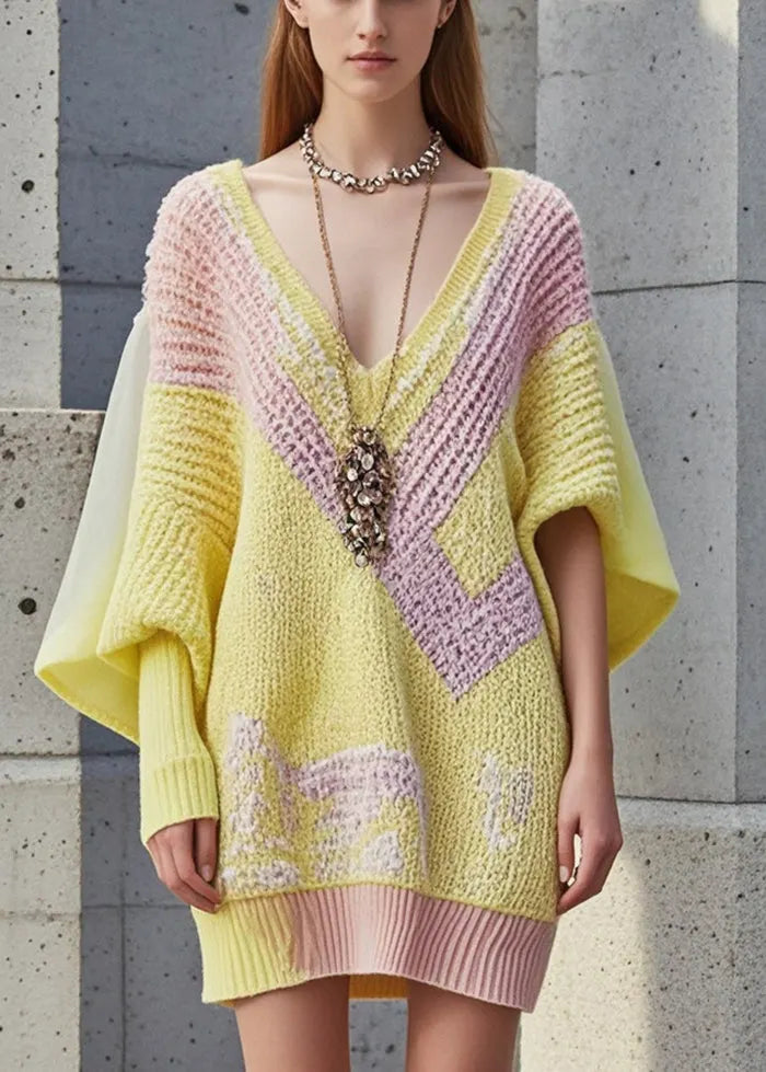 Yellow Asymmetrical Patchwork Long Knit Dress Fall
