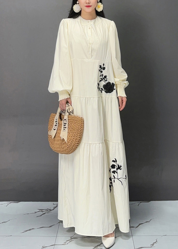 Beige Button Print Pockets Cotton Dresses Fall