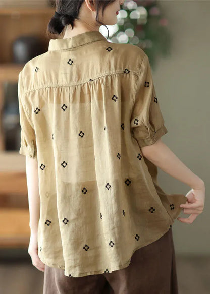 Khaki Patchwork Linen Shirt Tops Wrinkled Pocket Short Sleeve