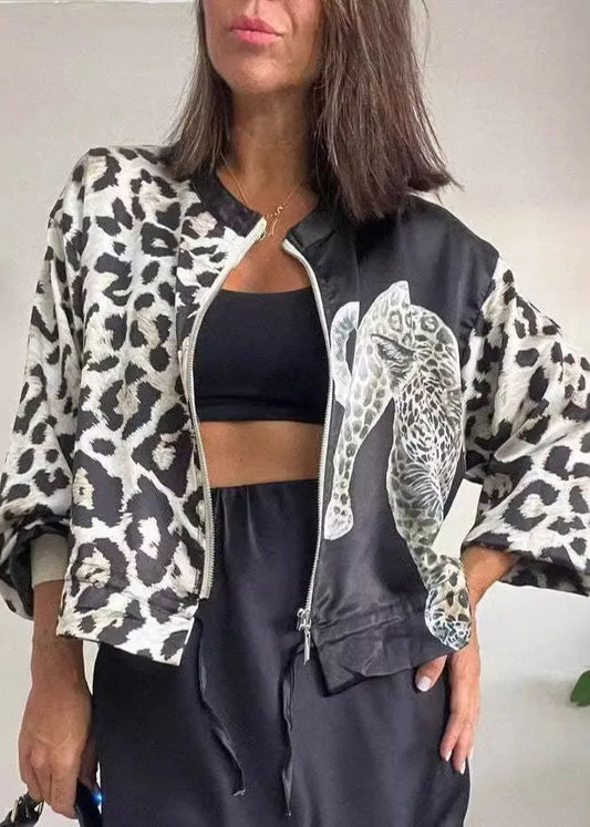 Black Leopard Zip Up Drawstring Short Coat Fall