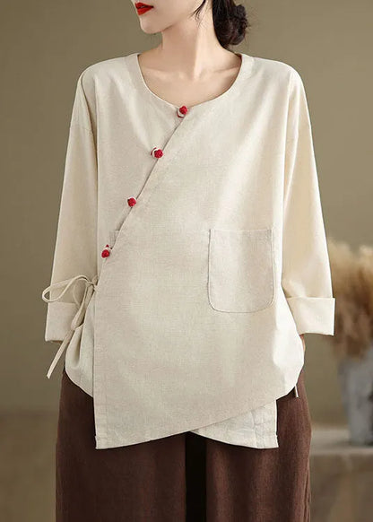Beige O Neck Lace Up Patchwork Cotton Blouse Top Spring