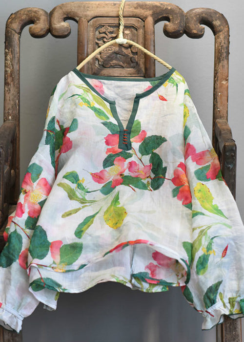 Black V Neck Print Linen Blouse Top Lantern Sleeve