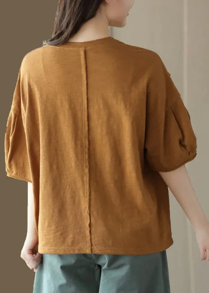 Loose Yellow Print Cotton Top Short Sleeve
