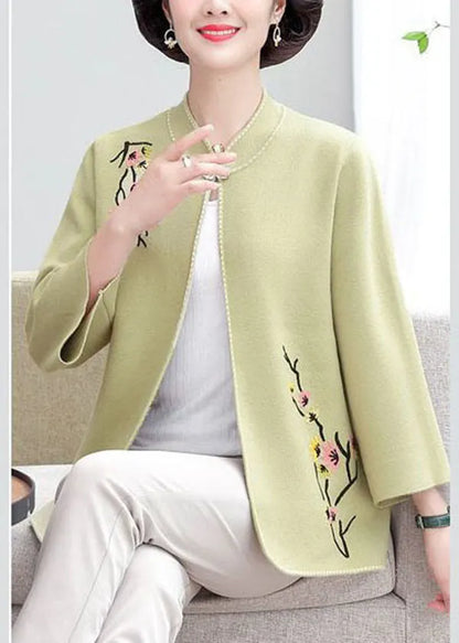 Light Green Stand Collar Embroideried Woolen Loose Cardigan Fall