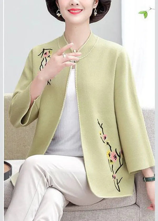 Light Green Stand Collar Embroideried Woolen Loose Cardigan Fall