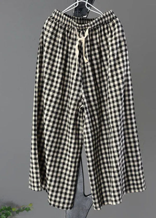 Large Plaid Elastic Waist Linen Wide Leg Pants Summer
