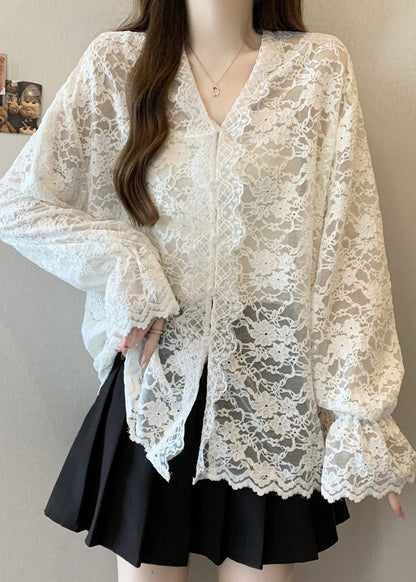 Beige V Neck Button Lace Shirt Flare Sleeve