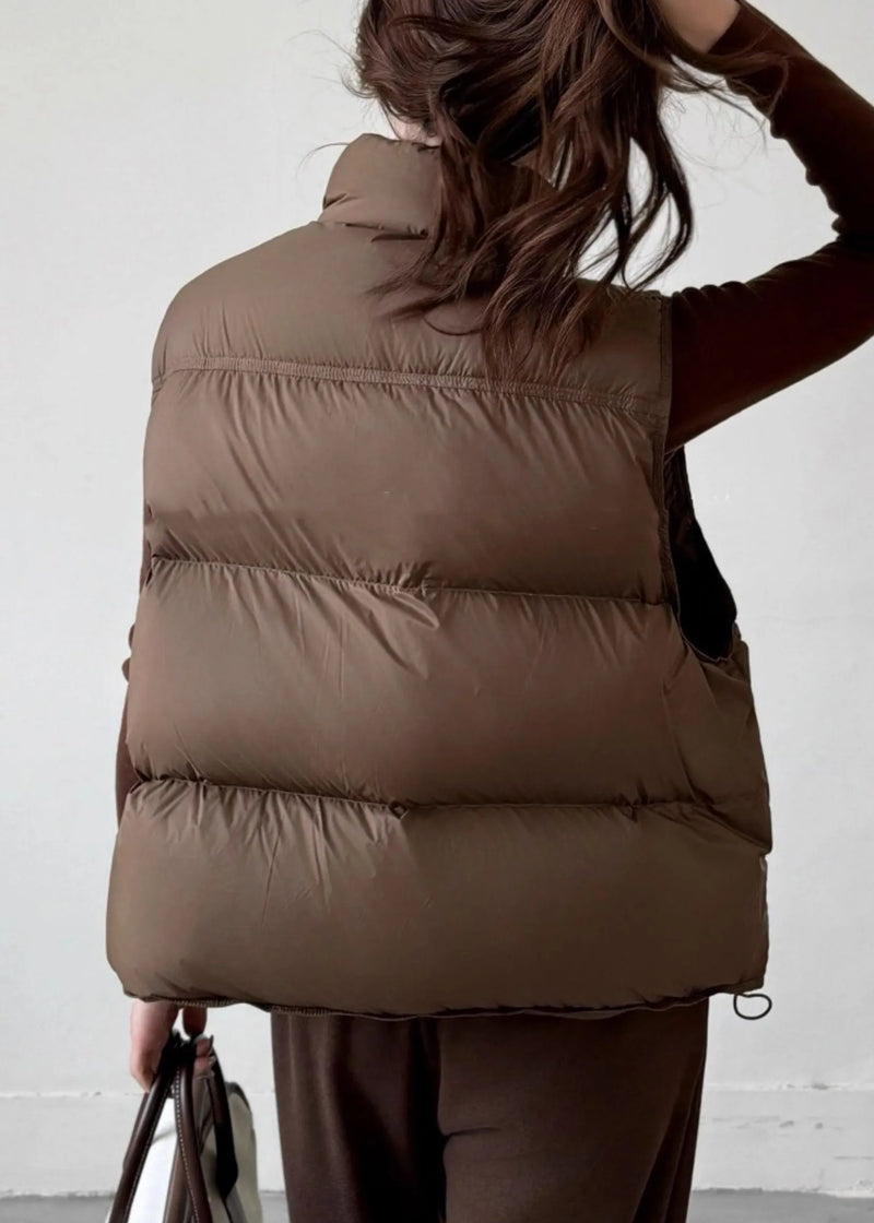 Coffee Stand Collar Zip Up Duck Down Waistcoat Sleeveless